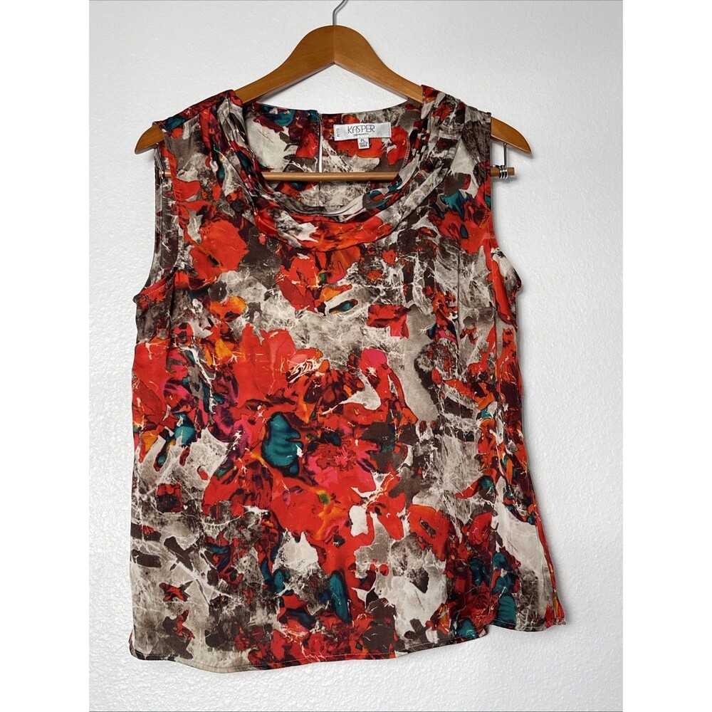Kasper Sleeveless Tank Blouse XL Extra Large Draped Faux Cowl Neck Red Teal Art